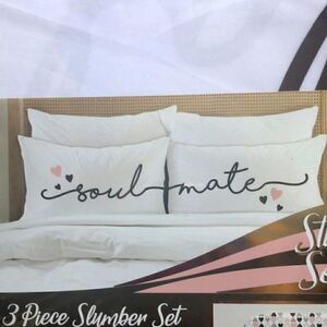 3 piece Standard pillow cases and Bonus Eye Mask, lettering Soul Mate!